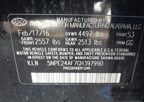 2016 Hyundai Sonata z USA, uszkodzony, nr VIN 5NPE24AF7GH397990